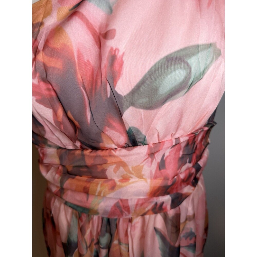 One Shoulder Waist Cinched Peach Long Floral Dress Size Large - Picture 3 of 8